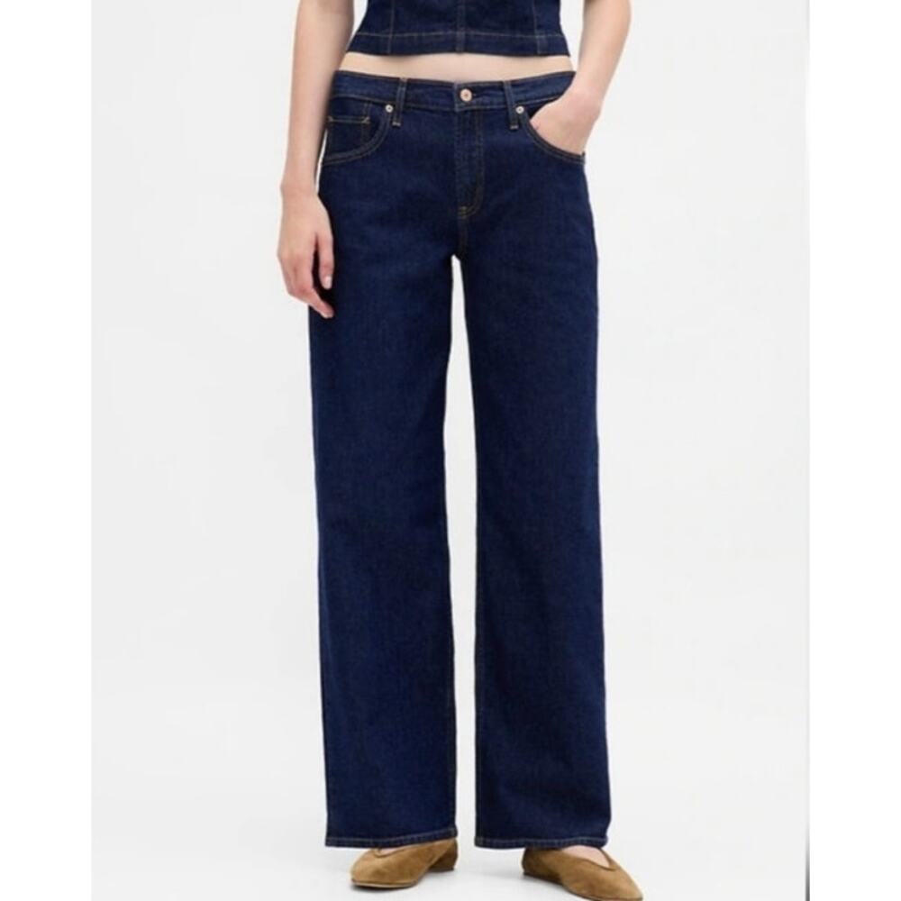 GAP 90s Loose Low Rise Jeans Petite 26 Dark Wash Wide Leg Baggy - Picture 2 of 11